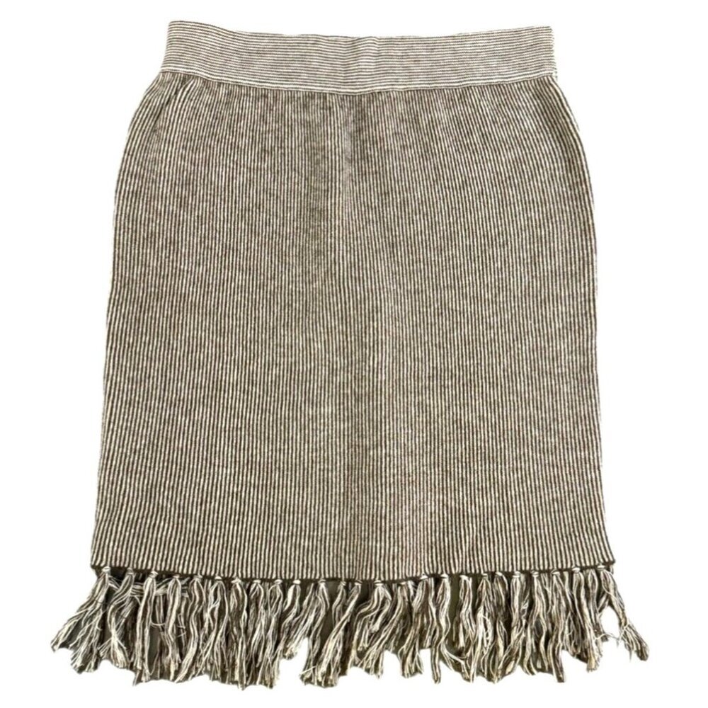 Tweeds Tan‎ Stripe Fringe Wool Blend Straight Skirt Midi Stretch Business Boho M